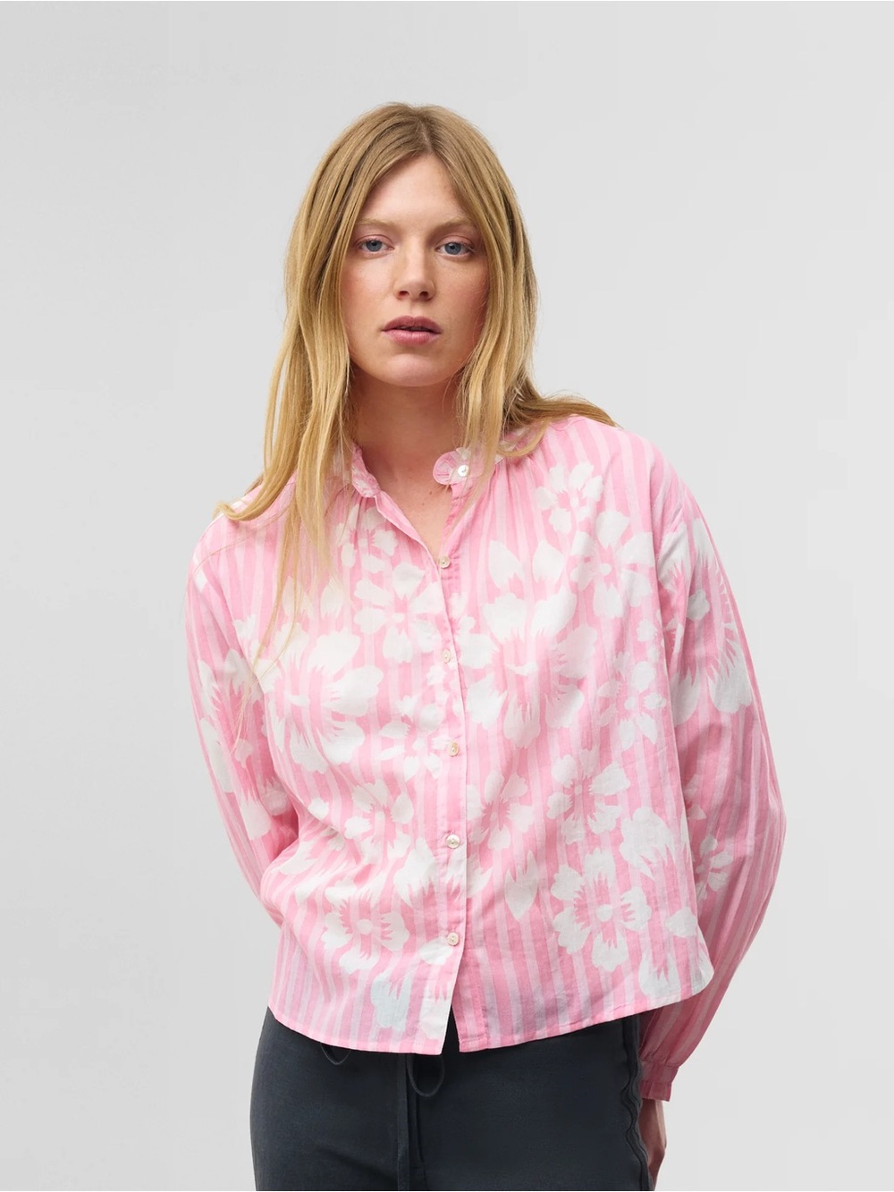 Pink and White Floral Button-Down Shirt Work Top, Size Small
